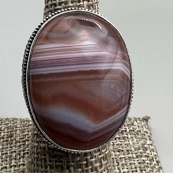 New Botswana Agate Statement Silver Overlay Vintage Style Ring Size 7.5 - Picture 2 of 12